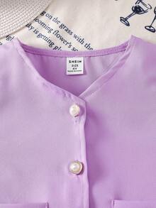 Souflis Souflis 少女甜美粉色无袖珍珠纽扣背心+蝴蝶结百褶裙两件套，优雅淑女风休闲装，夏季 - 紫色 - 查看 8