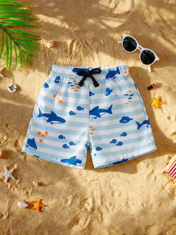 SHEIN Maillot de bain à taille élastique rayé avec motif dessin animé pour garçon, décontracté pour les vacances