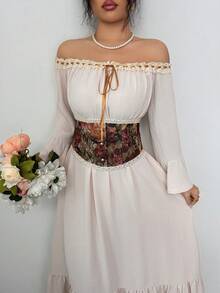 Selianne Women's Elegant Beige Autumn Boho Vacation Off-Shoulder Lace Ruffle Tie Bow Flare Sleeve Jacquard Floral Waist Belt A-Line Retro Palace Dress - Apricot - View 6