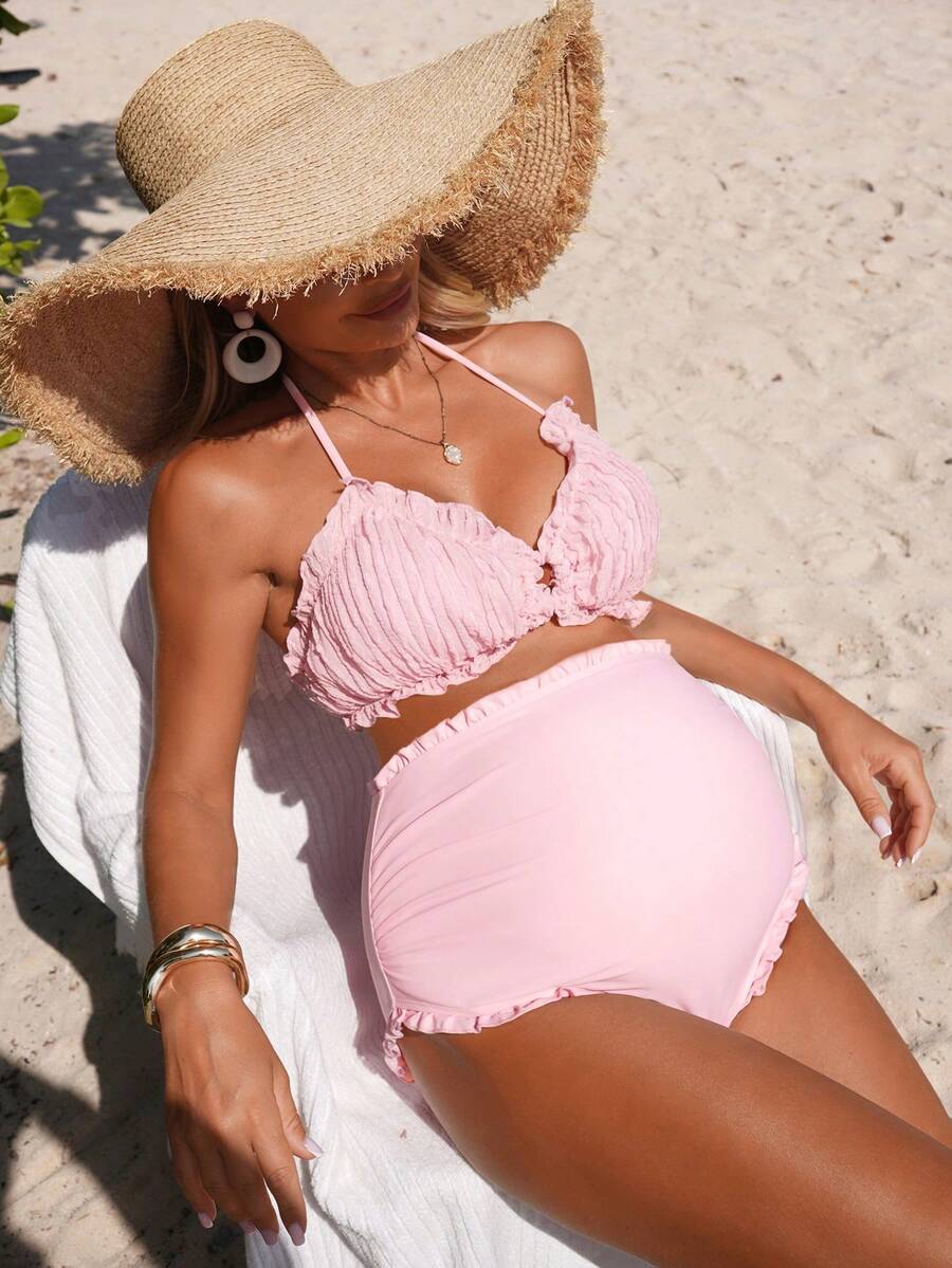 Swim Vcay Pregnant Women's Summer Beach Solid Color Ruched Halter Tie Sexy Bikini Swimwear Set - Pink - View 1