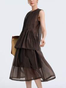SHEIN Stylify 女士百褶圆领无袖上衣和迷你裙两件套，优雅设计 - 咖啡棕 - 查看 6