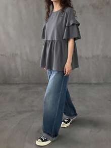 FRIFUL Camiseta de mujer de cuello redondo, holgada, de unicolor, de manga corta, con mangas acampanadas multicapa y bajo con volantes, de corte holgado para el verano - Gris - Ver 2