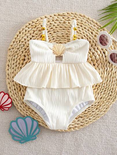 SHEIN 女婴连体泳衣，可爱涤纶泳装，适合夏季游泳，时尚多彩休闲泳衣，白色荷叶边连体泳衣，女婴白色荷叶边泳衣，女童贝壳荷叶边泳衣，白色女婴泳装，荷叶边女童连体泳衣