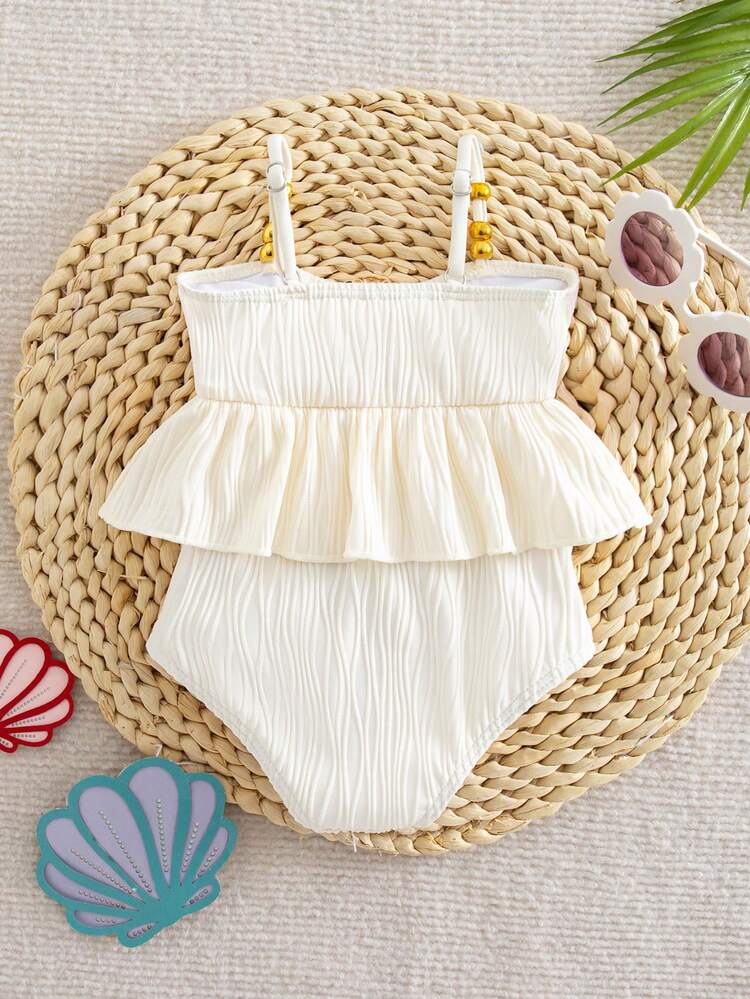 SHEIN 女婴连体泳衣，可爱涤纶泳装，适合夏季游泳，时尚多彩休闲泳衣，白色荷叶边连体泳衣，女婴白色荷叶边泳衣，女童贝壳荷叶边泳衣，白色女婴泳装，荷叶边女童连体泳衣 - 杏色 - 查看 2