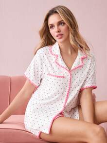 Bonmuse 全身心印花对比色睡衣套装 / 睡衣套装 白色套装 - 白色 - 查看 3