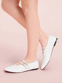 CUCCOO DOLLMOD 女士芭蕾平底鞋，玛丽珍平底鞋，套脚式，可调节系带圆头平底鞋，舒适时尚双扣芭蕾舞鞋 - 白色 - 查看 3