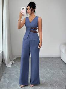 SHEIN Elenzya 女士优雅无袖腰带装饰西装背心和裤子套装，商务通勤风格，适合春夏穿着，教师装、办公室服装、返校季、约会、度假、通勤等场合，百搭优雅复古春季套装 - 中等水洗藍 - 查看 8