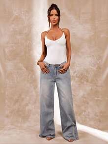 SHEIN BAE 棕色串珠吊带连体衣，夏季性感复古紧身吊带连体衣，沙滩度假吊带衫，串珠吊带衫 - 白色 - 查看 3