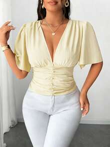 Elenzga 大码女装时尚优雅纯色褶皱面料蘑菇纽扣装饰后腰抽绳松紧袖口衬衫 - 淡黃色 - 查看 6