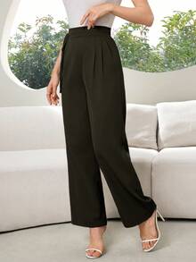 Modelyn 女士休闲纯色直筒裤，适合日常通勤 - 軍綠色 - 查看 3