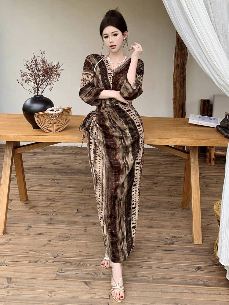 Women's All-Over Print V-Neck Split Casual Vacation Mid-Length Dress Sundress Summer