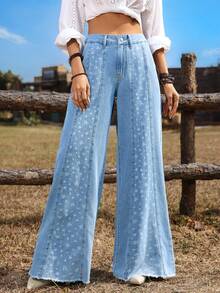 Breezaya Quần jeans nữ ống rộng họa tiết hoa nhí, kiểu dáng thường ngày. - Màu xanh lam - Xem 5