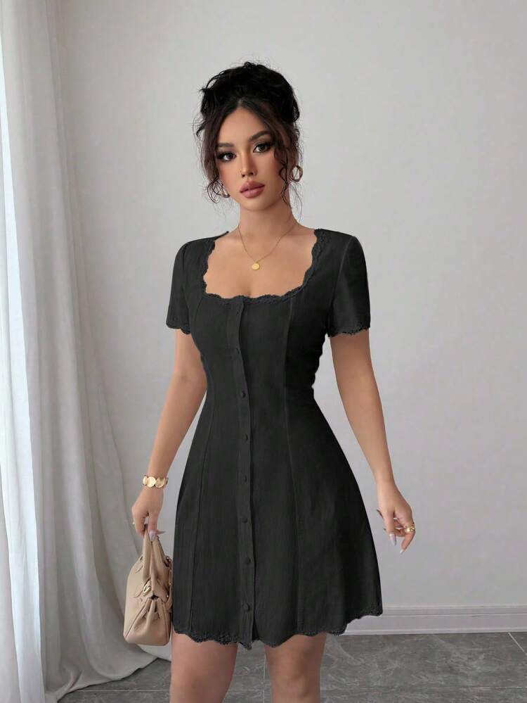 Rafferiza 女士优雅纯色纽扣前开连衣裙 - 黑色 - 查看 4