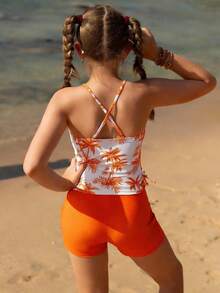 SHEIN 少女比基尼套装，白色菠萝印花吊带露脐上衣+橙色纯色泳裤，两件套，针织面料，时尚休闲，优雅大方，适合游泳、夏季度假、海滩、泳池、派对等场合。 - 橘色 - 查看 2