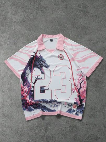 ROMWE MEN Men's Street Style Short Sleeve T-Shirt, Dragon Ink Print + Number 23 Jersey, Essential For Casual, Outdoor, Sports