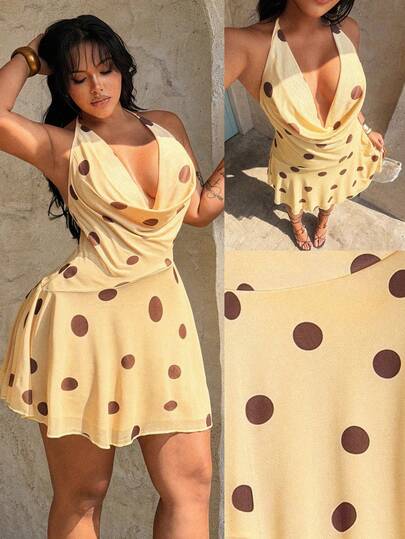 Rustia 大码女士优雅波点垂褶领口系带腰部荷叶边休闲度假连衣裙