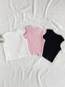 Souflis Souflis 2件套女婴/幼儿0-3岁休闲纯色镂空爱心圆领无袖短款T恤上衣，棉针织， - 彩色 - 查看 2