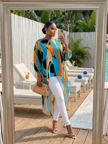 SHEIN Lady CURVE Spring And Summer Elegant Commuting Office Casual Boho Colorful Woven Round Neck High Low Quarter Sleeves Plus Size T-Shirts Blouses Tunic Tops - Orange - View 5