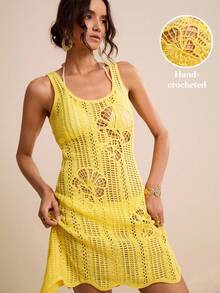 LOTSLUV Women's Yellow Round Neck Sleeveless Crochet Slip Dress, Spring/Summer - Yellow - View 1
