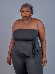 CurvyTilda Plus Size 2pcs Set Black Tube Top And Bell Bottom Jeans Outfit, Spring/Summer Elegant - Black - View 6