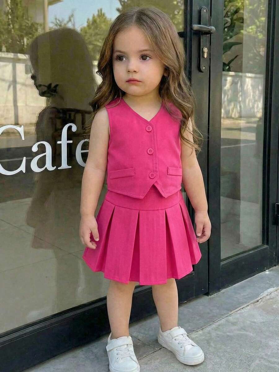 SHEIN 2 pièces Ensemble Top décontracté et jupe plissée de couleur unie pour bébé fille. Ensemble robe plissée rose pour bébé fille. Ensemble 2 pièces rose pour bébé fille - Rose vif - Voir 1