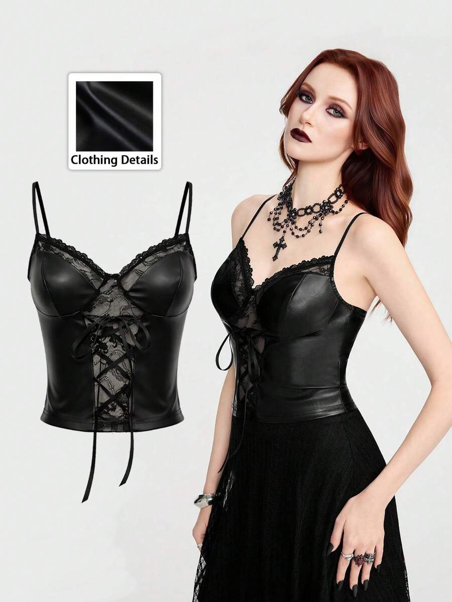 Breakform Women's Gothic Sexy Lace Patchwork PU Leather Front Lace-Up Decor Slim Fit Camisole - Black - View 1