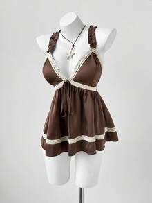 Sunspun New Arrival Sweet Elegant Going Out Tops, Bow Accent, Acetate Linen Blend Lace Trim Bowknot Ruffle Hem Cropped Camisole, Spring/Summer/Fall - Coffee Brown - View 6