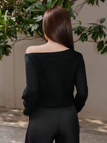 Bris Aura 女士纯色斜肩长袖休闲宽松毛衣 - 黑色 - 查看 2