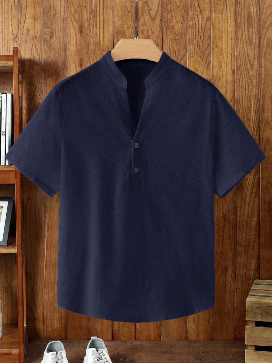 HIMLAND 男士纯色短袖纽扣休闲衬衫 - 藏蓝色 - 查看 1