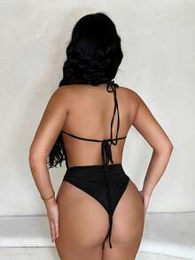 SHEIN SXY Sexy Backless Black Plunging Neckline Sequin Bodysuit - Black - View 2