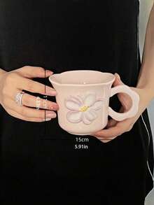 New, Original Hand-Drawn Flower Water Cup, Ceramic, High-Appearance, Pink And Pastel-Colored Coffee Cup, Perfect Gift Item, Creative Cup. - Multicolor - View 3