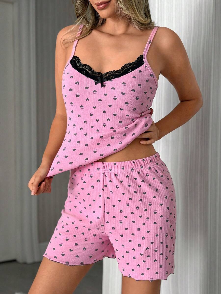 SHEIN Cute Pink And 2 Pcs Cotton Rib Knit Heart Pattern Pajama Set,Contrast Lace Detail Sleeveless Top&Shorts Homewear Comfort Casual For Summer - Pink - View 1