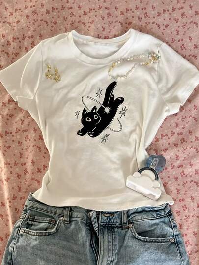 Glimmora Áo thun nữ tay ngắn ôm dáng, in mực trắng