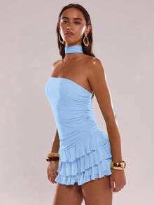 SHEIN BAE Women's Solid Color Ruffled Hem Bandeau Dress - Baby Blue - View 7