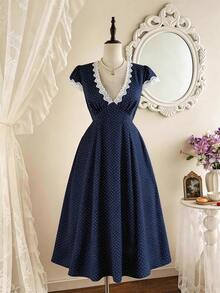 Breezaya Plus Size Women's Navy Blue Summer 1920s Flapper Date Night Dress,Vintage Early Spring Lace Trim White Polka Dot Casual Dresses,Yisikado Zanea Dress - Navy Blue - View 1