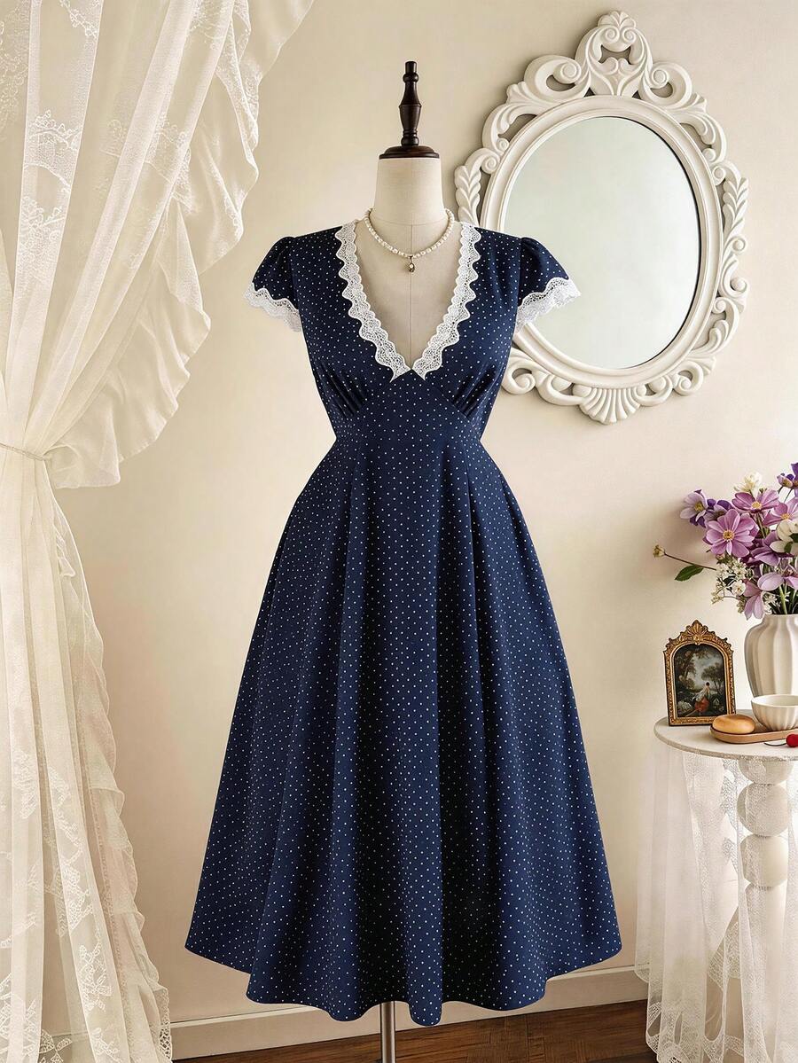Breezaya Plus Size Women's Navy Blue Summer 1920s Flapper Date Night Dress,Vintage Early Spring Lace Trim White Polka Dot Casual Dresses,Yisikado Zanea Dress - Navy Blue - View 1
