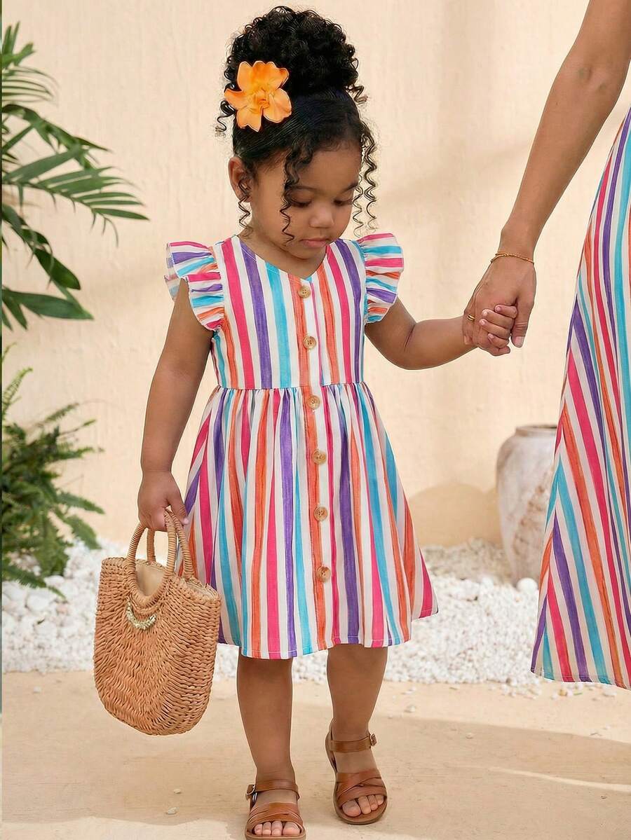 SHEIN Baby Girl Woven Striped Ruffle Hem Casual Dress - Multicolor - View 1