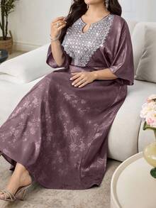 Al Najma Robe en satin jacquard de style arabe pour femmes grandes tailles, patchwork, décontractée et élégante pour le printemps/automne - Vieux Rose - Voir 4