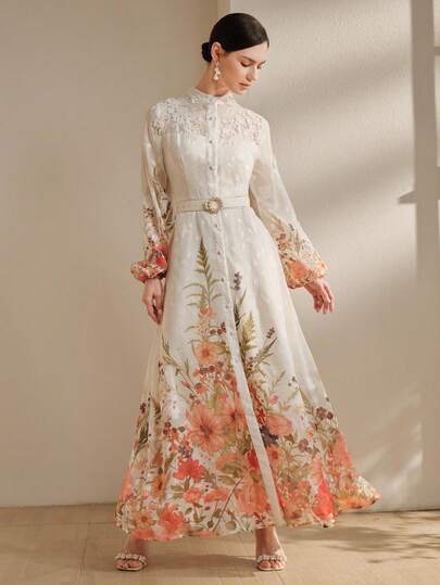 Anewsta Women's Elegant Printed Long Sleeve Dress, Casual Floral Print Dress With Belt