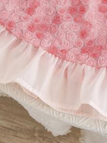 SHEIN Elladie kids 女童梭织网纱刺绣百合花缎面荷叶边吊带连衣裙，适合夏季日常穿着、外出、旅行、度假和聚会。 - 粉色 - 查看 8