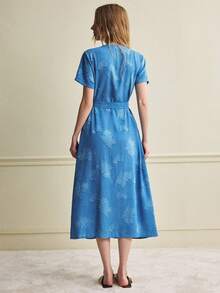 Écloséra Summer Fashion Elegant French Retro Blue Dress, Loose Cut-Out Design With Waist Tie Short-Sleeve Women's Spring-Summer Dress, Women's Beach Vacation Outfit, Ladies' Holiday Wear. - Blue - View 6