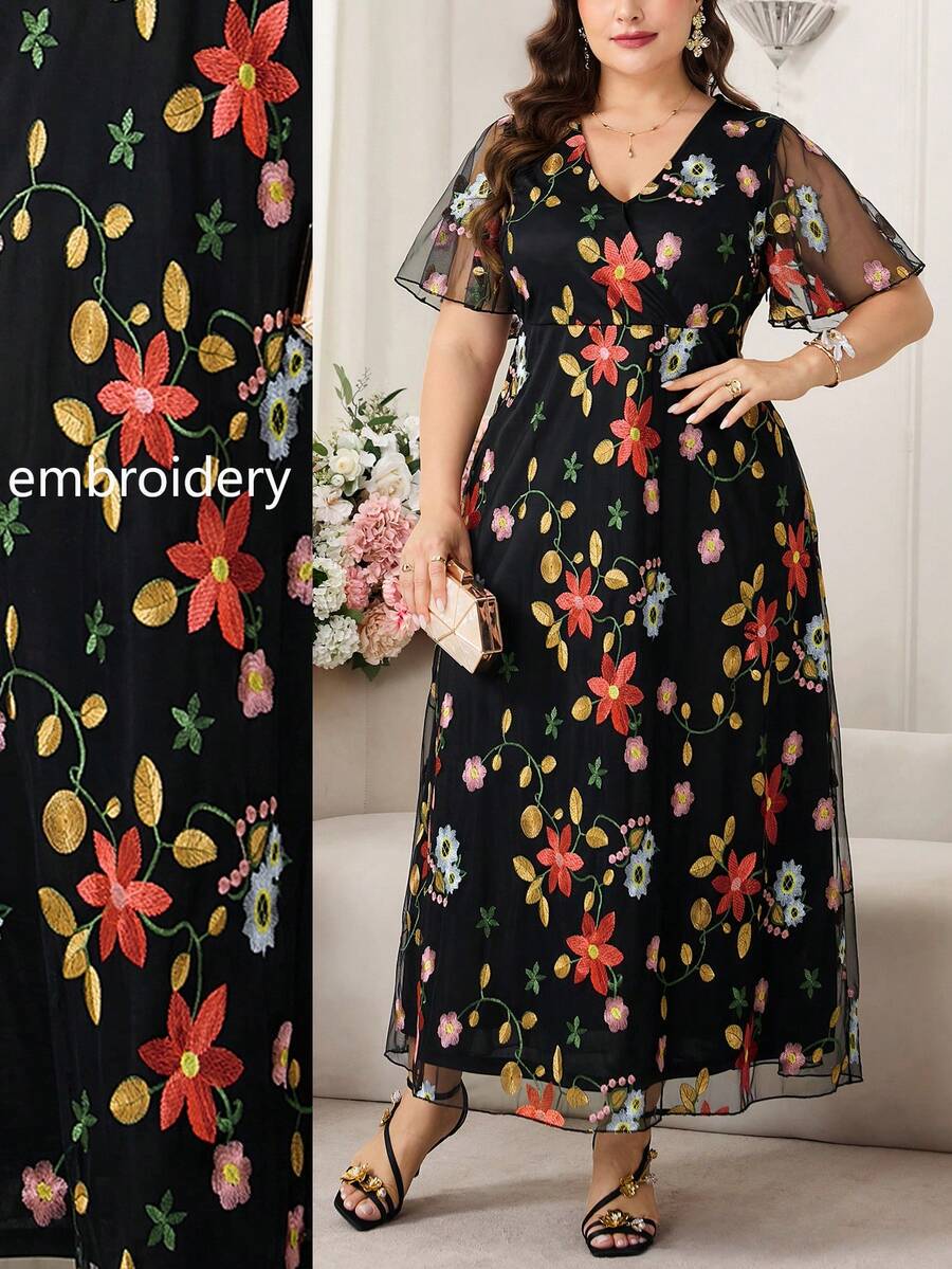 Reflora 大码优雅浪漫网纱刺绣短袖连衣裙，新年连衣裙