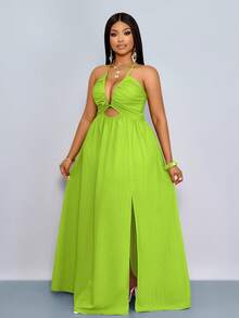 SOLERSUN Women Plus Size Spring Summer Solid Color Elegant Holiday Crisscross Tie Backless Halter Swing Dress Maxi Women Outfit - Limelight Green - View 5
