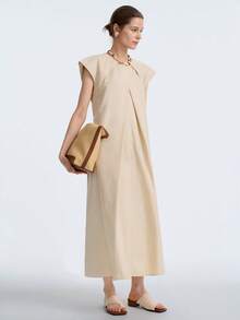 Aalyst 女士春夏新品，简约休闲时尚，通勤及派对日常百搭连衣裙，不对称褶皱设计，3D立体剪裁，米色A字连衣裙 - 杏色 - 查看 4