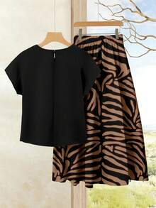 EMERY ROSE 女士度假休闲纯色上衣+印花半裙两件套，女士夏季套装，夏季半裙套装，半裙上衣套装，女士半裙上衣套装，印花半裙套装 - 彩色 - 查看 3