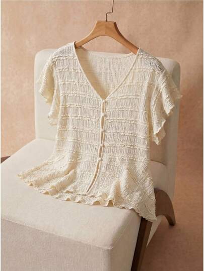 Elaquor Plusstorlek T-shirt, Plusstorlek texturerad spets-T-shirt, Randig texturerad spets-T-shirt, Aprikosfärgad V-ringad topp med åtsittande midja, Rund halsringning med volanger och söt topp, Sexig söt topp med åtsittande midja, Pärlknappsdekoration, Romantisk retrotopp