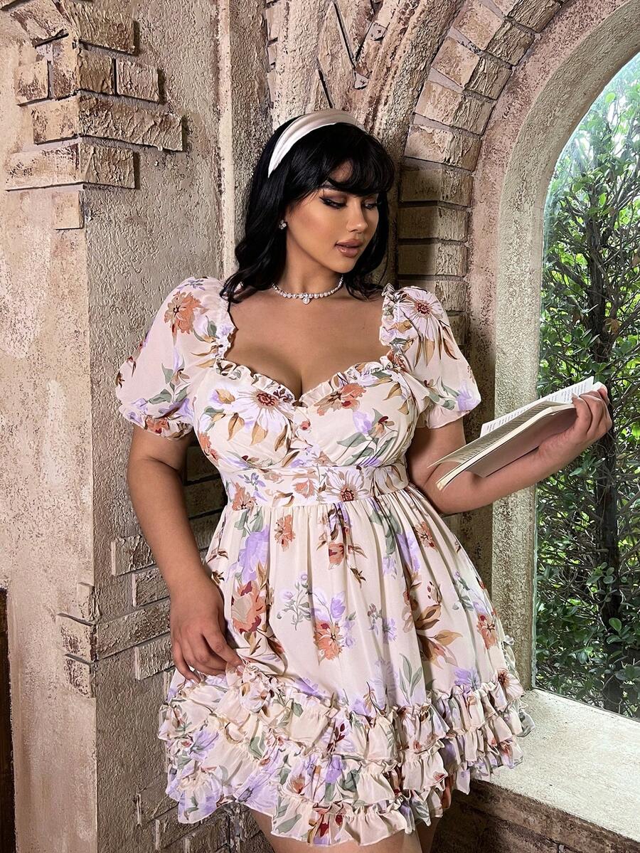 Lyrianda Plus Size Women's Brown Digital Floral Print Puff Sleeve Cute Fashionable Dress Gym Summer - Pink - View 1