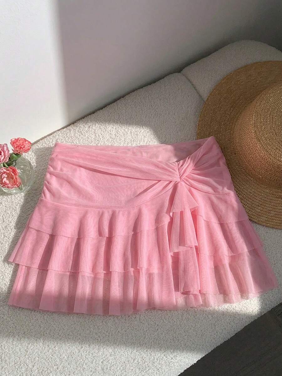 SHEIN EZwear 女士时尚不对称下摆荷叶边腰粉色蛋糕裙 - 粉色 - 查看 1