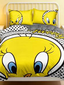 LOONEY TUNES X SHEIN 3Pc Yellow Cui Di Printed Quilt Cover Set, Sanded Material, Soft And Warm, Multiple Sizes, Suitable For Single Bed/Double Bed/Queen Bed/King Bed, Machine Washable - Grey - View 2