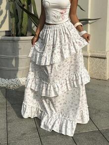 SHEIN SunnyBelle 女士休闲度假甜美时尚日常百搭碎花多层荷叶边下摆半身裙，春夏款 - 彩色 - 查看 5